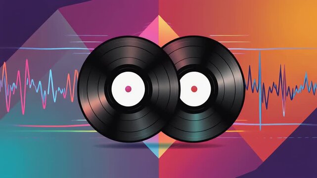 Two classic vinyl LP records spinning on a vibrant geometric background with a colorful audio frequency waveform illustration
