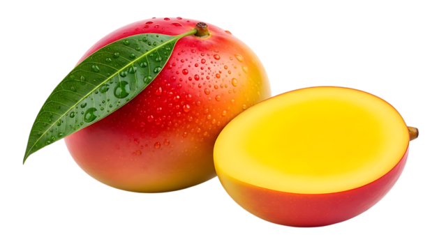 Whole Mango with Water Droplets and Half Mango on Black