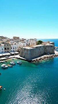 Aerial View of Otranto City Port With Aragonese Castle and Boats in Italy