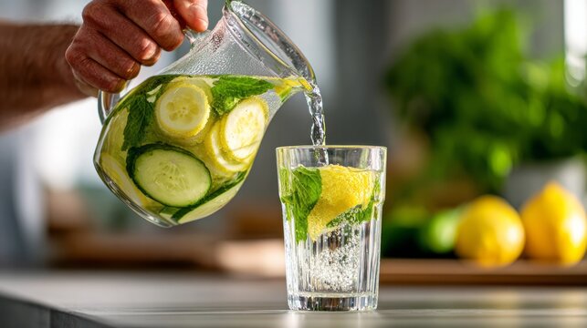 Hand pouring a stream of clear detox water full of lemon slices, cucumber, and mint leaves into a glass on a counter - Powered by Adobe