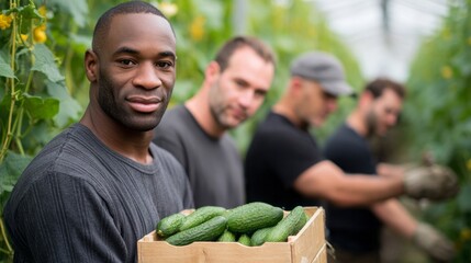 African man holding a crate filled with green cucumbers, showing a fresh harvest in a greenhouse with other farmers working
