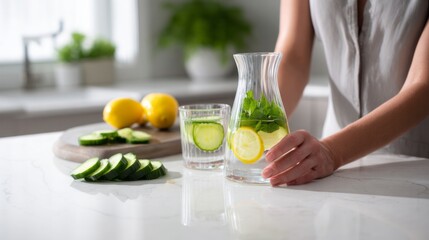 Woman preparing refreshing detox water with lemon, cucumber, and mint in a glass pitcher on a kitchen counter