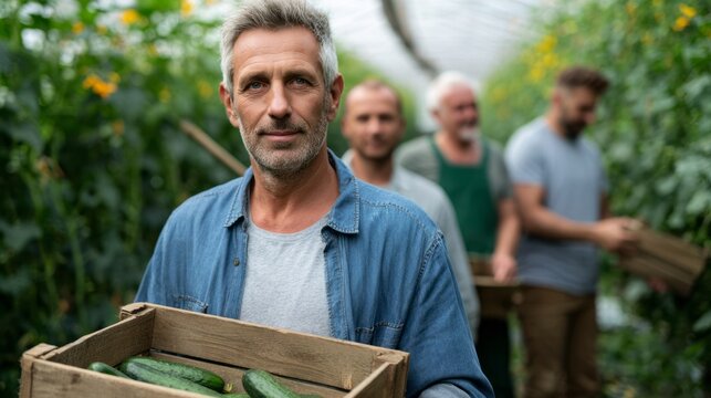 Group of men harvesting fresh organic cucumbers in a greenhouse, working together on a sustainable farm