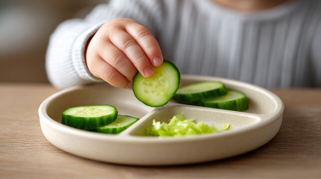 Child's hand holding a fresh cucumber slice, encouraging healthy eating and independent feeding development
