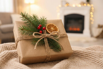Rustic christmas gift wrapping with sustainability. An eco friendly present with natural decoration feeling warm and festive