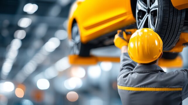 In a well-lit and organized workshop, a mechanic in safety gear is carefully inspecting a yellow car lifted on a hydraulic jack. Tools are within reach as he focuses on the task