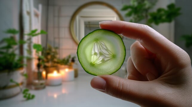 Hand holding a thin cucumber slice, highlighting natural beauty and self care in a peaceful bathroom with glowing candles