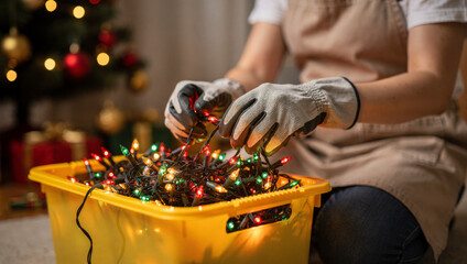 Person focuses on eco friendly sustainability untangling christmas lights from box for joyful holiday home decoration