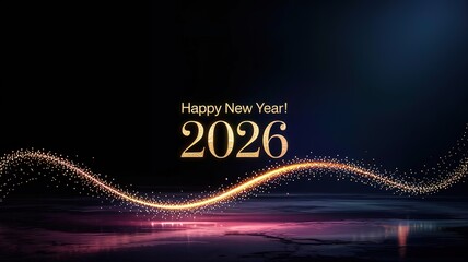 Golden Happy New Year 2026 text illuminates the dark with a sparkling light trail
