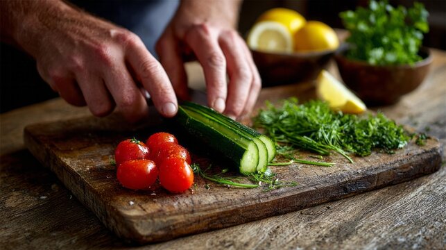 Chef hands preparing fresh salad ingredients, slicing cucumber and dicing tomatoes with herbs for healthy cooking