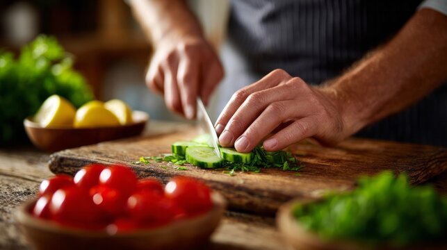 Chef hands slicing fresh cucumber for a healthy salad with vegetables on a rustic chopping board - Powered by Adobe