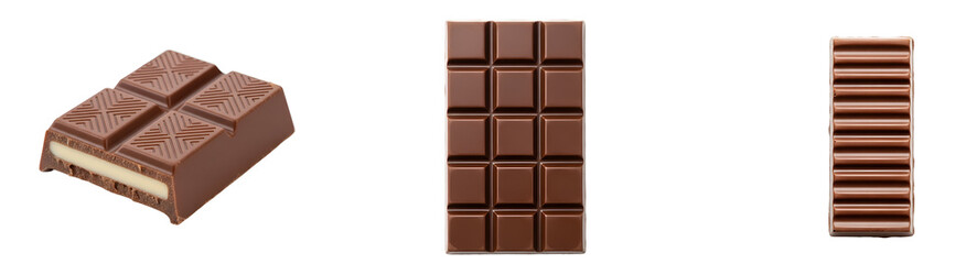 Fototapeta premium Three different chocolate bars with various designs and textures on a plain surface shown together on transparent background