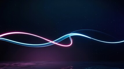 Neon pink and blue lights streak across a star filled horizon with water reflection