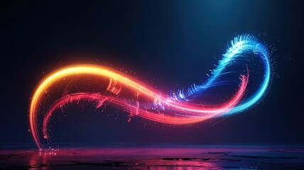 Luminous energy streams flow and collide in brilliant blue and golden hues across the reflective plane