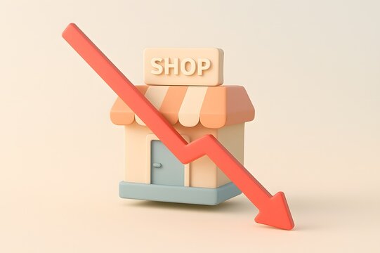 Red arrow pointing down across a small shop model indicating business decline or financial loss
