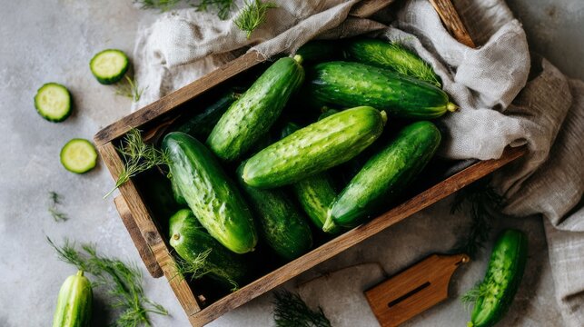 Fresh green cucumbers harvested in a wooden crate, ready for healthy eating and cooking delicious meals with dill