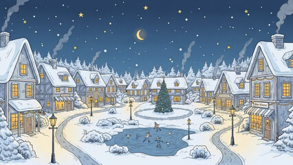 Enchanting winter village scene with snow-covered houses, skaters on a frozen pond, and a festive Christmas tree under a starry moonlit night sky