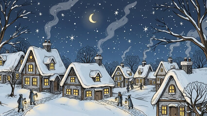 Fototapeta premium Charming winter village scene under a starry night sky, perfect for holiday greetings and festive illustrations, evokes warmth and nostalgia