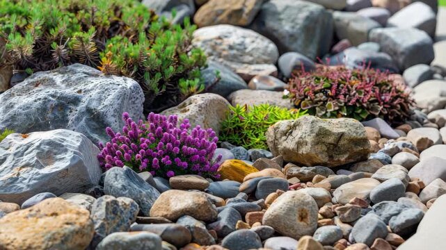 Colorful rock garden with diverse stones and purple flowers