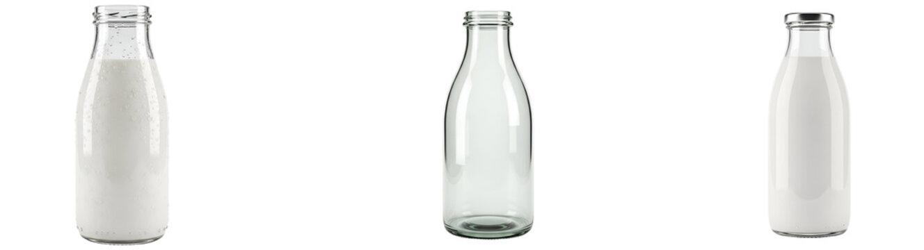 Three glass bottles one empty and two filled with white liquid on a solid color background image on transparent background