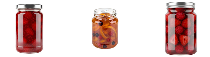 Three glass jars filled with colorful preserved fruits against a plain studio setting, food still life on transparent background
