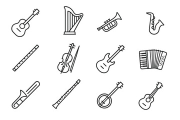 Obraz premium Collection of musical instrument icons including guitar, harp, trumpet, saxophone, and violin