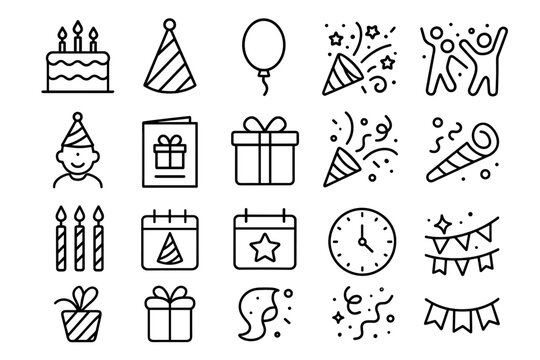 Celebration icons set: cake, balloons, gifts, party hat, decor