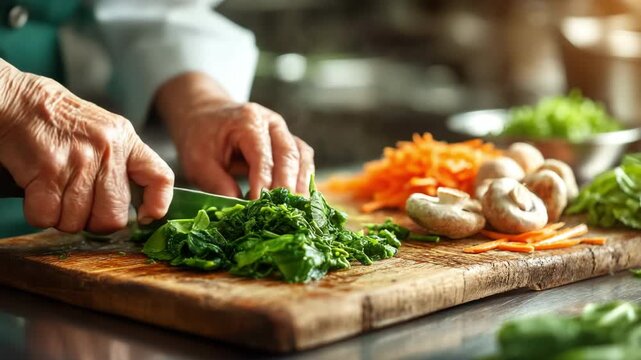Chopping Fresh Vegetables on a rustic wooden cutting board, capturing the essence of home cooking and culinary tradition.