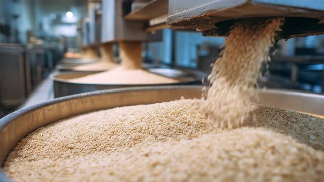 Rice processing in industrial factory, showcasing modern agricultural manufacturing and food production efficiency.