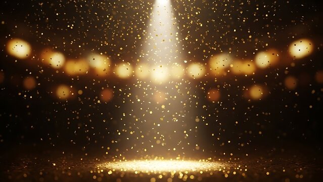 Elegant gold confetti falling with spotlight illumination creating magical atmosphere for festive events and celebratory occasions with blurred background - Powered by Adobe