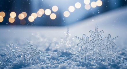 Close-up of a crystalline snowflake on snow, representing winter, cold, and the unique beauty of ice crystal formation, evoking a seasonal atmosphere