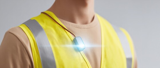 Worker wearing smart safety vest with electronic device attached featuring glowing blue light for tracking or communication purposes