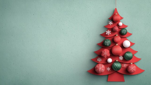 Red paper Christmas tree shape adorned with festive ornaments and snowflakes on a textured background