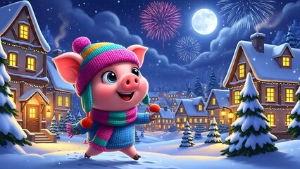 Festive Winter Village with a Cheerful Piglet Celebrating New Years Eve Under a Fireworks Display and Full Moon