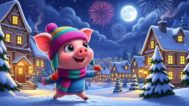 Festive Winter Village with a Cheerful Piglet Celebrating New Years Eve Under a Fireworks Display and Full Moon - Powered by Adobe