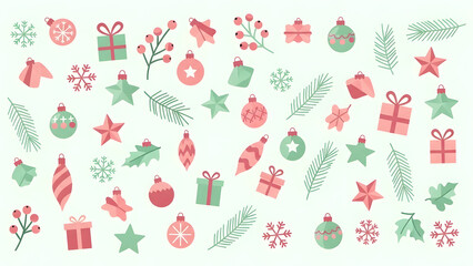 Festive Christmas Icons and Ornaments on a Light Green Background for Holiday Design