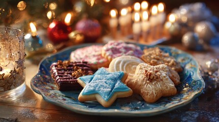 Assorted decorated cookies on a blue patterned plate with blurred festive lights and candles in the background