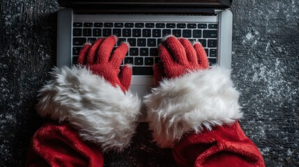 Santa's red gloved hands typing on a laptop keyboard festive holiday theme