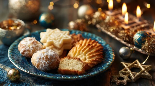 Assortment of festive cookies and pastries on a decorative plate with candles and ornaments - Powered by Adobe