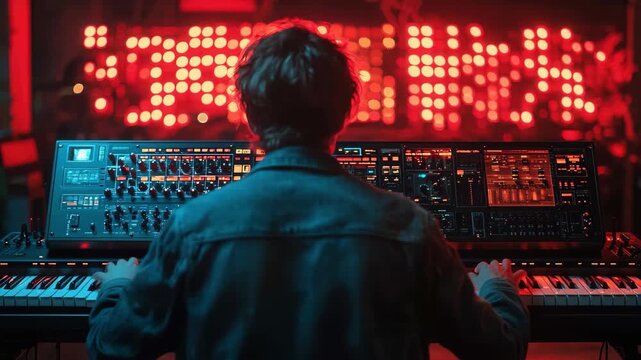 Music producer at synthesizer controls vibrant light display during nightlife performance