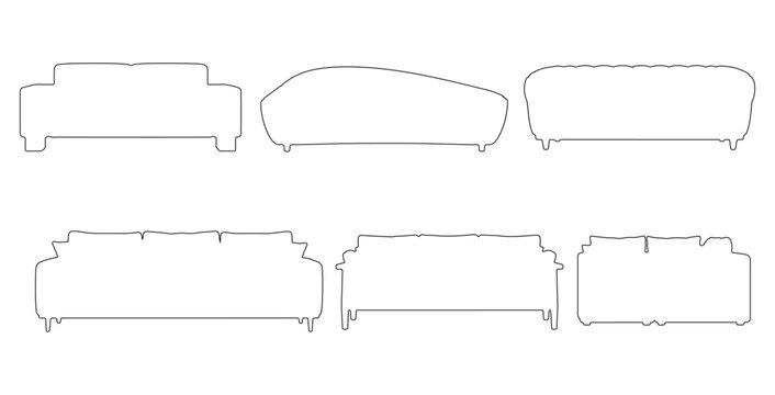CAD drawings of multiple modern sofa outline designs in front view &mdash; minimalist block sofa, curved contemporary, tufted cushion, low-profile lounge. Vector illustration