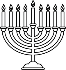 Black line art menorah with nine lit candles Hanukkah