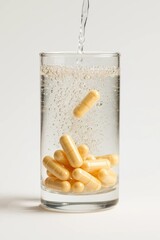 Capsules in Water Glass with Splash and Bubbles