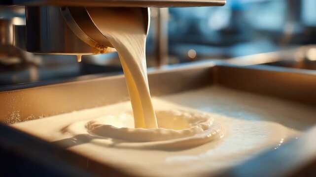 Fresh milk being poured into a stainless steel container, capturing the smooth flow and frothy texture in a dairy processing or kitchen setting.