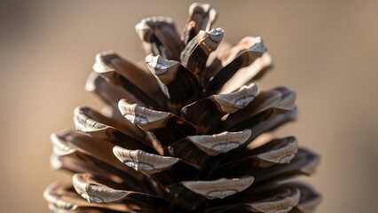 Closeup view of detailed brown pine cone scales in outdoor setting