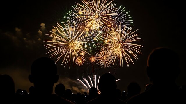 Spectacular fireworks display illuminates the night sky with vibrant colors and a crowd of silhouettes observing the celebration