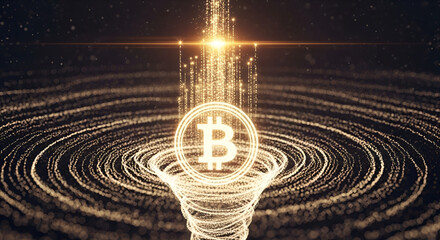 Abstract digital vortex with a glowing Bitcoin symbol at its center, symbolizing cryptocurrency and blockchain technology