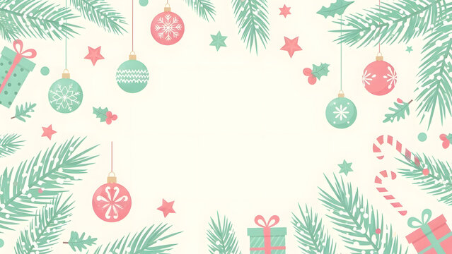 Festive Holiday Decorations and Evergreen Branches Frame a Soft Cream Background