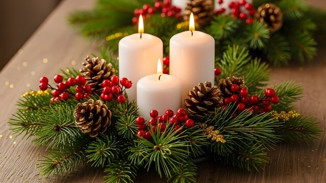 Advent table decoration with three candles pine twigs and pine cones
