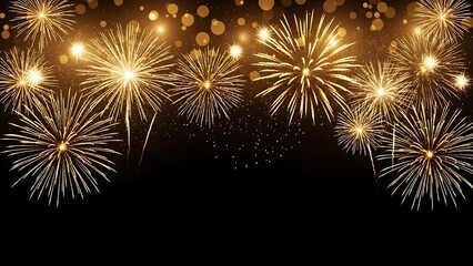 Spectacular golden fireworks display on a dark night sky backdrop illuminating the celebration festive background for holidays